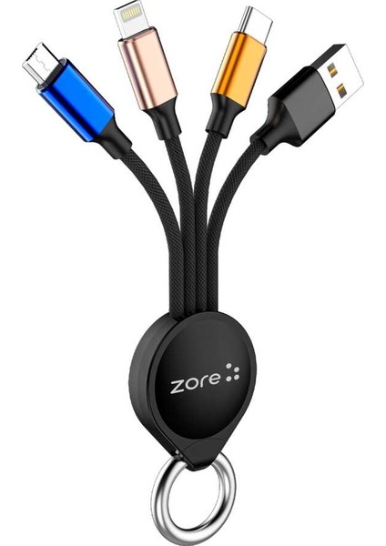 Case 4U Zore OKS 3 in 1 Lightning - Type-C - Micro Usb Kablo Siyah