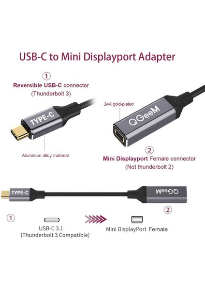 QG-UA08 Female Mini Display Port To Type-C Dönüştürücü Adaptör 4K 60Hz Görüntü Aktarım