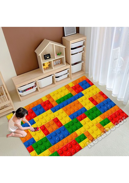 _Decor Dijital Baskı Dokuma Taban Halı, Eğlence Halısı, Renkli LEGO Desenli Yer Halısı