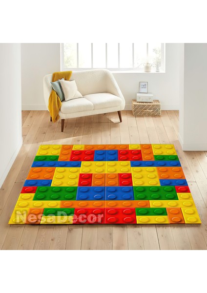 _Decor Dijital Baskı Dokuma Taban Halı, Eğlence Halısı, Renkli LEGO Desenli Yer Halısı