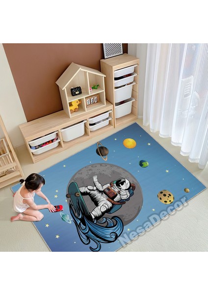 _Decor Uzay Dekoru, Astronot, Mars, Ay, Güneş, Uzay Temalı Çocuk Odası Halısı, Erkek Çocuk Odası Halısı