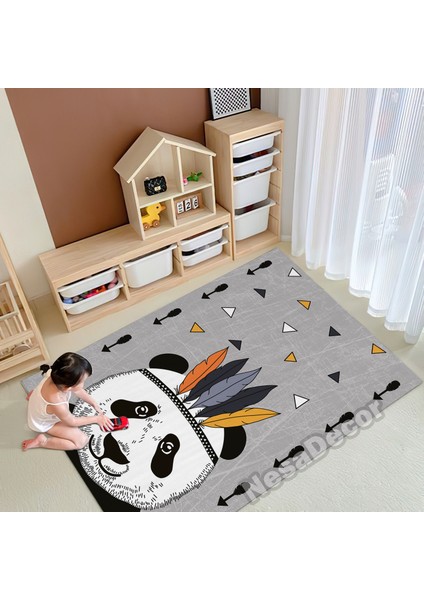 _Decor Şirin Panda Halı, Dijital Baskılı Kaymaz Taban Çocuk Odası Halısı, Sevimli Kreş Halısı