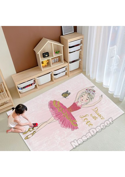 Nesa_Decor Balerin Kız Desenli Dijital Baskı Makinede Yıkanabilir Leke Tutmaz Çocuk ve Bebek Halısı