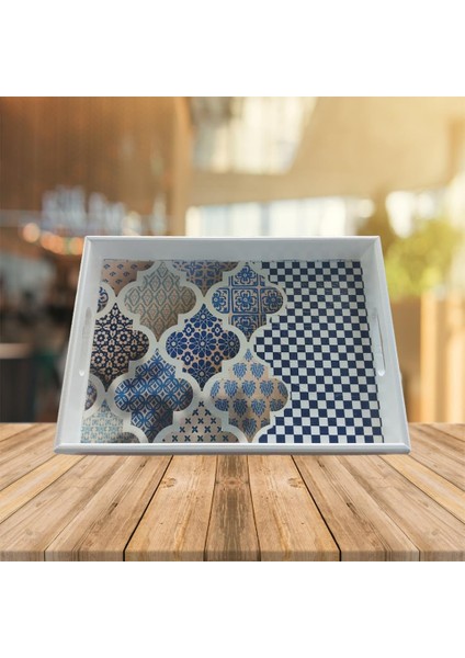 Ahşap Karo ve Fas Desenli Orta Boy Tepsi 35X25CM