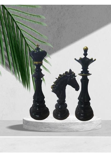 Dekoratif Üçlü Satranç Heykel Seti Siyah&gold