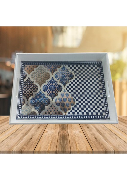 Ahşap Karo ve Fas Desenli Büyük Tepsi 40X30CM