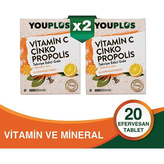 Youplus Vitamin C , Çinko ve Propolis Içeren 20 Efervesan Tablet X2 Adet