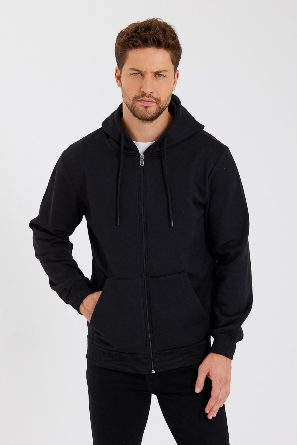 Mmetalic Metalıc Siyah Kanguru Cepli Kapüşonlu Fermuarlı Içi Pamuklu Erkek Sweatshirt