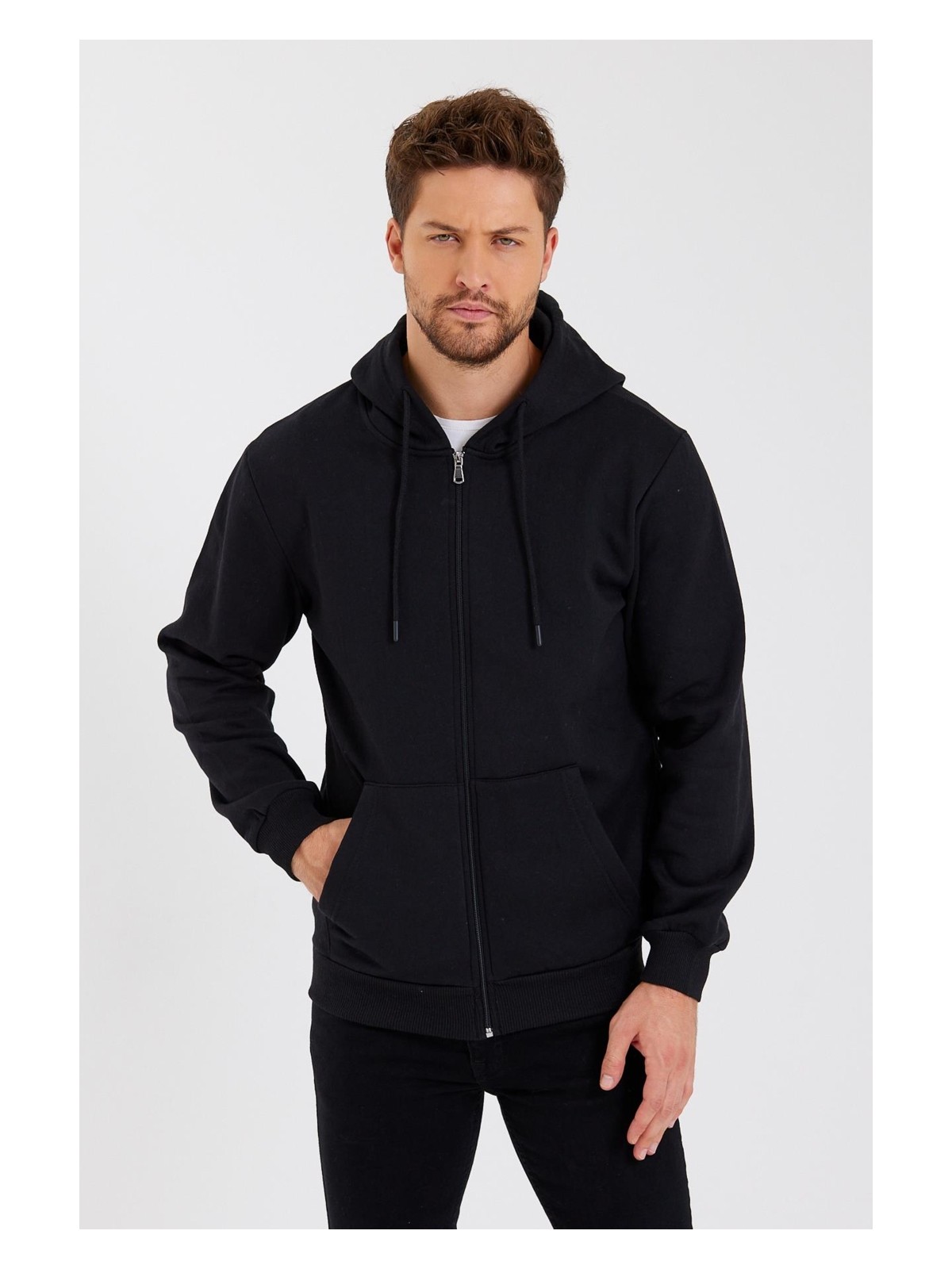 Mmetalic Metalıc Siyah Kanguru Cepli Kapüşonlu Fermuarlı Içi Pamuklu Erkek Sweatshirt