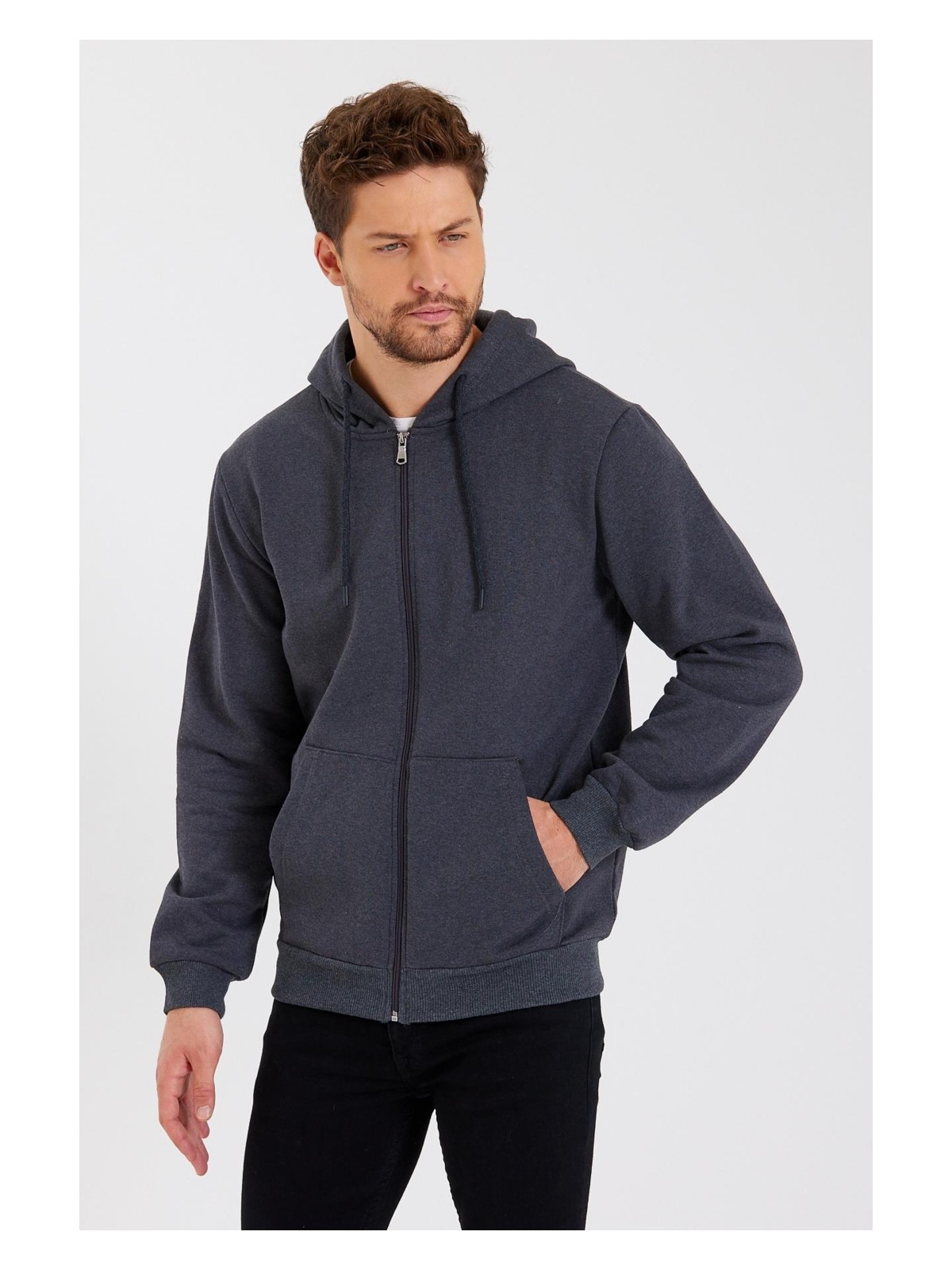 Mmetalic Metalıc Siyah Kanguru Cepli Kapüşonlu Fermuarlı Içi Pamuklu Erkek Sweatshirt - Görsel 6