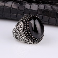 Tesbih Sepetim 925 Ayar Gümüş Onıx Taşlı Kalem Motifli Yüzük