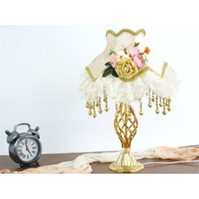 dekovien Çiçek Dekorlu Abajur Gold Beyaz Klasik Model