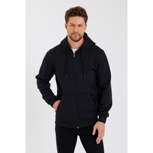Mmetalic Metalıc Siyah Kanguru Cepli Kapüşonlu Fermuarlı Içi Pamuklu Erkek Sweatshirt