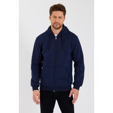 Mmetalic Metalıc Lacivert Kanguru Cepli Kapüşonlu Fermuarlı Içi Pamuklu Erkek Sweatshirt