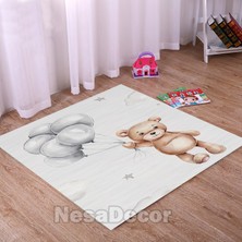 Nesa_Decor Dokuma Taban Yıkanabilir Balonlu Ayıcık ve Bulutlar Desenli Dijital Baskılı Çocuk Halısı