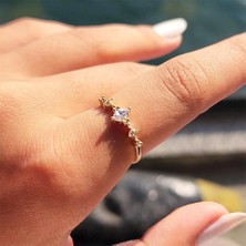 Fasek Gold Altın Yüzük - 14 Ayar Altın Fantezi Mekik Zirkon Taşlı Minimal Altın Yüzük - Eşe, Sevgiliye Yüzük