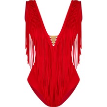 Bonesta Swimwear V Yaka Kırmızı Püsküllü Mayo