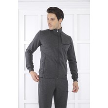 Escetic Escetic Erkek Spor Slimfit, Dik Yaka, 4 Cepli, 4 Mevsim Koyu Antrasit Melanj Eşofman Takımı - 6793