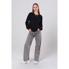 İnotex Cotlinn Kadın Basic Siyah Bisiklet Yaka Baskısız Düz Sweatshirt Cotsu