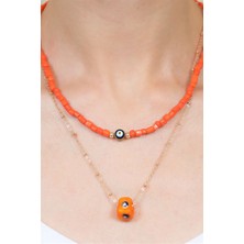 Sose Moda Turuncu Nazar Boncuklu Ikili Tasarım Kolye