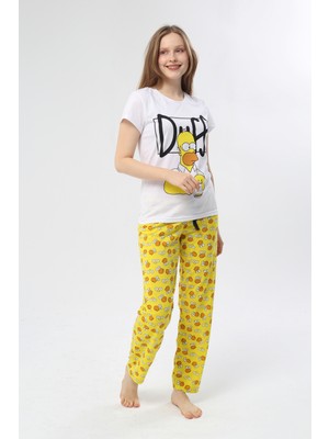 Baks Store Kadın Sarı Fincan Simpson Baskılı T-Şort Pantolon Takımı