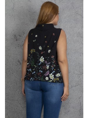 Şans Tekstil Kadın Siyah Yaka Detaylı Etek Ucu Lastik Detaylı Kolsuz Çiçek Desenli Bluz