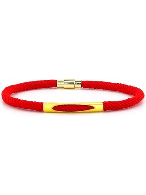 Solfera Kırmızı Örgü Ipli Sarı Metal Mıknatıslı Erkek Bileklik M026F