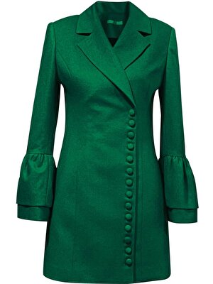 C For You Yeşil Kolları Volanlı Yandan Düğmeli Ceket Elbise