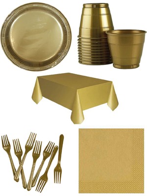 Canbolat Plastik Gold Tabak, Bardak ,çatal, Masa Örtüsü Peçete, Seti 80 Kişilik