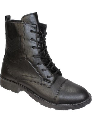 Polaris Erkek Siyah Cilt Suni Deri Bilek Boyu 18CM Fermuarlı Bağcıklı Postal Bot