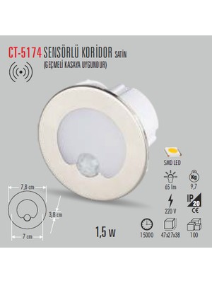 Cata CT 5174 1,5W/3200K Radar Sen.kor. Armatürü  Günışığı 6 Adet