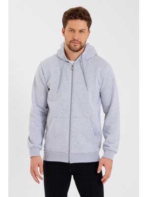 Mmetalic Metalıc Gri Kanguru Cepli Kapüşonlu Fermuarlı Içi Pamuklu Erkek Sweatshirt