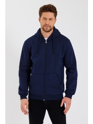 Mmetalic Metalıc Lacivert Kanguru Cepli Kapüşonlu Fermuarlı Içi Pamuklu Erkek Sweatshirt