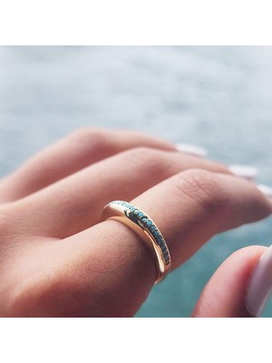 Fasek Gold Altın Yüzük - 14 Ayar Altın Bombeli Turkuaz Doğal Sıra Taşlı Alyans - Yarım Tur Altın Yüzük