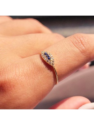 Fasek Gold Minimal Altın Yüzük - 14 Ayar Altın Fantezi Mekik Safir Taşlı Minimal Yüzük