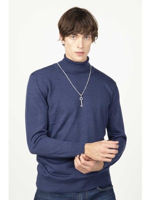 Tudors Erkek Slim Fit Tam Boğazlı Yaka Düz Yün Sax Mavi Triko Kazak