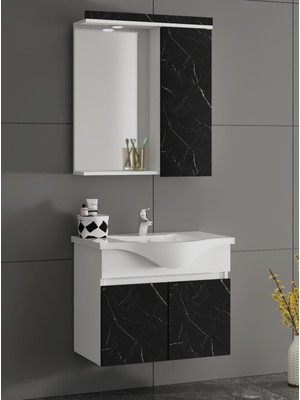 Aynalı Banyo Dolabı Takımı 55 cm Royal Mermer Desenli Kapak Komple Mdf ve Seramik Lavabo