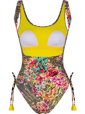 Bonesta Swimwear Çiçek Desenli Kahve Fuşya Bağcıklı Mayo