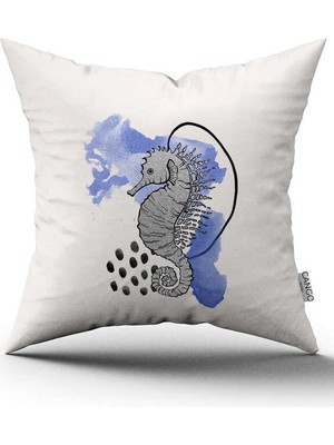 Cango Home Çift Taraflı Beyaz Mavi Denizatı Marin Desenli Dijital Baskılı Kırlent Kılıfı CGH1123