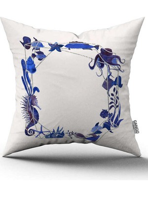 Cango Home Beyaz Mavi Marin Desenli Dijital Baskılı Kırlent Kılıfı CGH1124