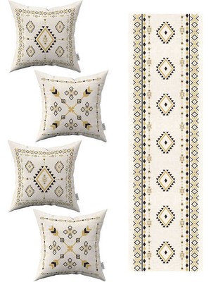 Cango Home Krem Siyah Etnik Kilim Desenli 4lü Kırlent Kılıfı 1 Runner Seti 4KMBS267-RS