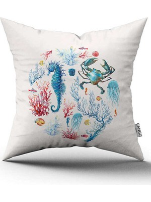 Cango Home Kırmızı Mavi Marin Desenli Dijital Baskılı Kırlent Kılıfı CGH1150