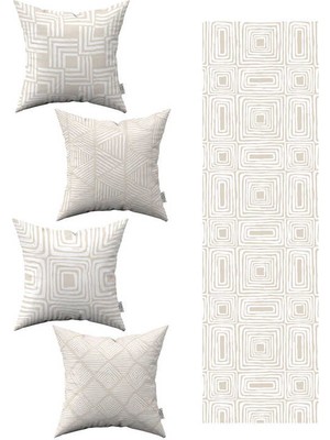 Cango Home Krem Beyaz Bohem Iskandinav Geometrik Desenli 4lü Kırlent Kılıfı 1 Runner Seti 4KMBS290-RS-3