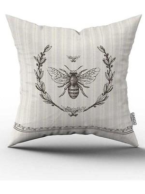 Cango Home Krem Gri Çizgili Arı Desenli Dijital Baskılı Kırlent Kılıfı CGH1059