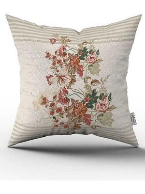 Cango Home Çift Taraflı Krem Turuncu Çizgili Çiçek Pano Desenli Dijital Baskılı Kırlent Kılıfı CGH1061