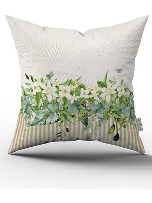 Cango Home Krem Yeşil Çiçek Desenli Dijital Baskılı Kırlent Kılıfı CGH1064