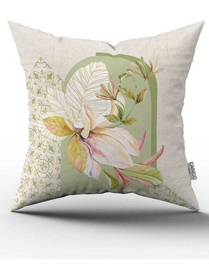 Cango Home Çift Taraflı Yeşil Krem Dekoratif Çiçek Desenli Dijital Baskılı Kırlent Kılıfı CGH1077