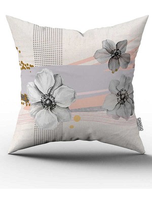 Cango Home Gri Pembe Modern Çiçek Desenli Dijital Baskılı Kırlent Kılıfı CGH1085