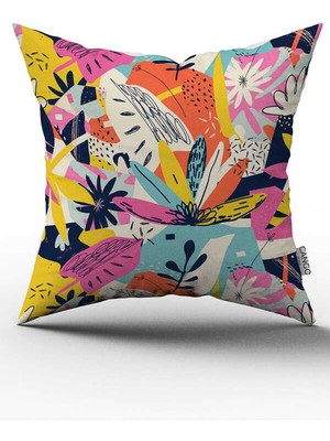 Cango Home Krem Çok Renkli Tropikal Çiçek Desenli Dijital Baskılı Kırlent Kılıfı CGH1105