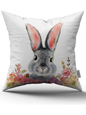 Cango Home Beyaz Gri Tavşan Desenli Dijital Baskılı Kırlent Kılıfı CGH1279